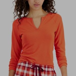 Jenni Split-Neck Pajama Top Papaya Punch Rib-Knit Sleep Shirt Loungewear XS-XL